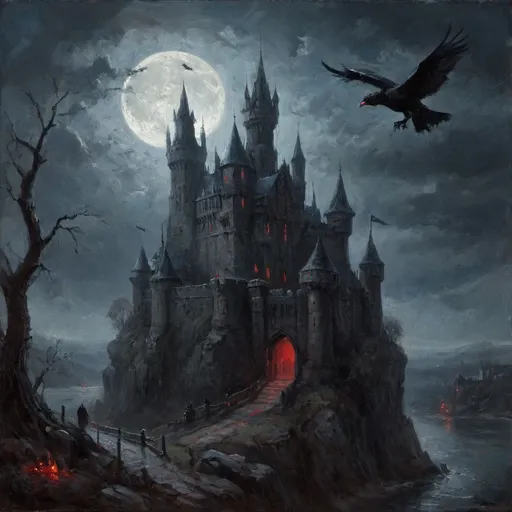 Prompt: The image depicts a dark and ominous medieval castle perched high on a jagged cliff, surrounded by a foggy, moonlit atmosphere. The castle features tall spires, glowing windows, and a dramatic bridge leading up to its gate. In the foreground, eerie ravens with glowing red eyes sit on a twisted, leafless tree, enhancing the ominous ambiance. The environment is steeped in gothic mystery, with deep shadows and a cold blue color palette dominating the scene.