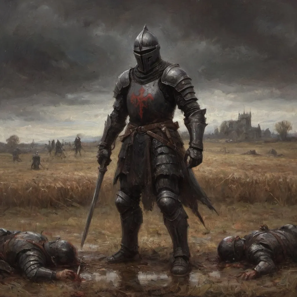 Prompt: Gritty, realistic image of (Medieval) Black Knight in black plate armor, in the middle of a blood-soaked field after a battle, D&D atmosphere infused with magic and, dark, gloomy colors, intense drama, (fantasy), (epic), (dynamic), trending on ArtStation, ultra-detailed, fantasy art style influenced by Magic the Gathering and Dungeons and Dragons.
