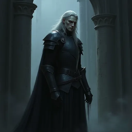 Prompt: a digital painting of a tall, slender brooding (Medieval) Knight with a square jaw (pale skin) and (silver eyes) with (silver hair) standing in a castle at night, noir, narcissistic, confident, long hair, elegant, expressionism, high quality, very intricate, by Jeremy Mann, Milo Manara, Jean-Baptiste Monge
