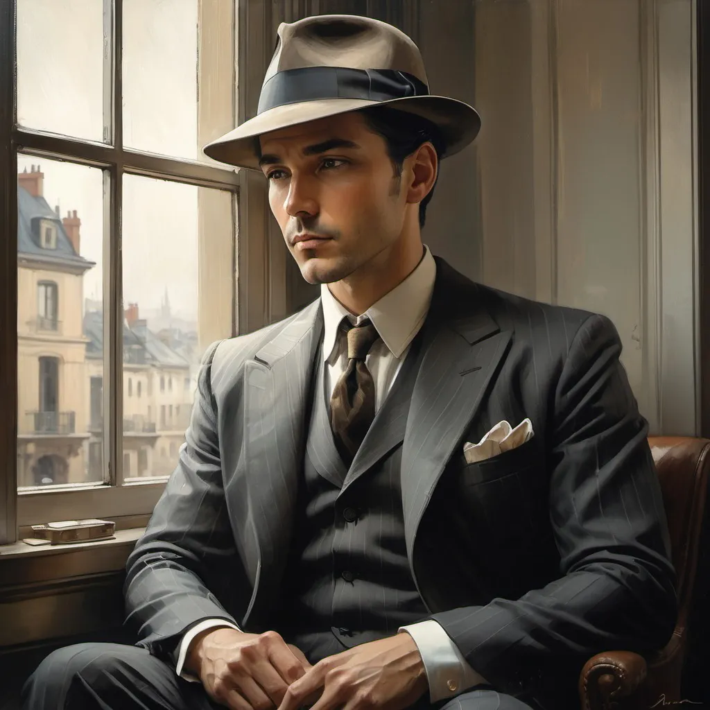 Prompt: a digital painting of a male detective with short, neat dark hair sitting by a window wearing a 1930's suit and fedora, noir, narcissistic, confident, long hair, elegant, expressionism, high quality, very intricate, by Jeremy Mann, Milo Manara, Jean-Baptiste Monge