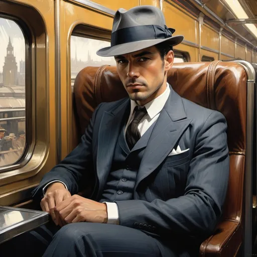 Prompt: a digital painting of a swarthy male detective with short, neat dark hair sitting by on a train wearing a 1930's suit and fedora, noir, narcissistic, confident, long hair, elegant, expressionism, high quality, very intricate, by Jeremy Mann, Milo Manara, Jean-Baptiste Monge