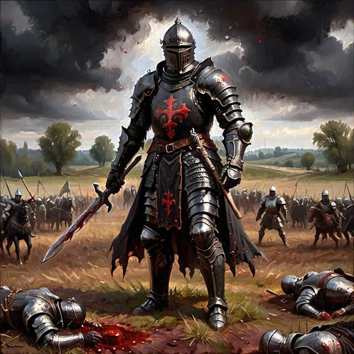 Prompt: Gritty, realistic image of (Medieval) Black Knight in black plate armor, in the middle of a blood-soaked field after a battle, D&D atmosphere infused with magic and, dark, gloomy colors, intense drama, (fantasy), (epic), (dynamic), trending on ArtStation, ultra-detailed, fantasy art style influenced by Magic the Gathering and Dungeons and Dragons.
