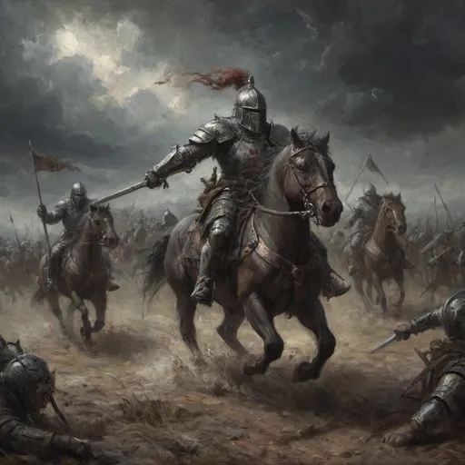 Prompt: Gritty, dark fantasy artwork of a (Warhammer) Knight cavalry charge with lances, dark, gloomy colors, intense drama, (fantasy), (epic), (dynamic), trending on ArtStation, ultra-detailed, grim-dark fantasy art
