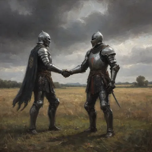 Prompt: Gritty, realistic image of (Medieval) Black Knight in black plate armor, in the middle of a field, shaking hands with a knight in silver plate armor, D&D atmosphere infused with magic and, dark, gloomy colors, intense drama, (fantasy), (epic), (dynamic), trending on ArtStation, ultra-detailed, fantasy art style influenced by Magic the Gathering and Dungeons and Dragons.
