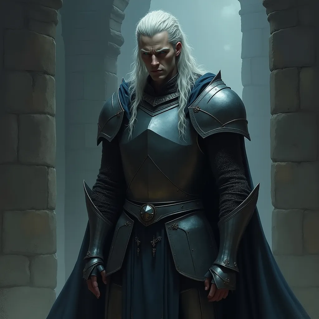 Prompt: a digital painting of a tall, slender brooding (Medieval) Knight with a square jaw (pale skin) and (silver eyes) with (silver hair) standing in a castle at night, noir, narcissistic, confident, long hair, elegant, expressionism, high quality, very intricate, by Jeremy Mann, Milo Manara, Jean-Baptiste Monge
