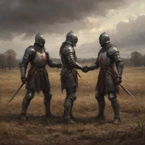 Prompt: Gritty, realistic image of two (Medieval) knights shaking hands in a blood soaked field after a battle, D&D atmosphere infused with magic and, dark, gloomy colors, intense drama, (fantasy), (epic), (dynamic), trending on ArtStation, ultra-detailed, fantasy art style influenced by Magic the Gathering and Dungeons and Dragons.
