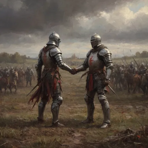 Prompt: Gritty, realistic image of two (Medieval) knights wearing realistic plate armor shaking hands in a blood soaked field after a battle, D&D atmosphere infused with magic and, dark, gloomy colors, intense drama, (fantasy), (epic), (dynamic), trending on ArtStation, ultra-detailed, fantasy art style influenced by Magic the Gathering and Dungeons and Dragons.
