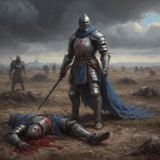 Prompt: Gritty, realistic image of a (Medieval) knight with black armor and a blue tabard standing over the remains of a dead, bloody monster amidst a blood soaked field, D&D atmosphere infused with magic and, dark, gloomy colors, intense drama, (fantasy), (epic), (dynamic), trending on ArtStation, ultra-detailed, fantasy art style influenced by Magic the Gathering and Dungeons and Dragons.
