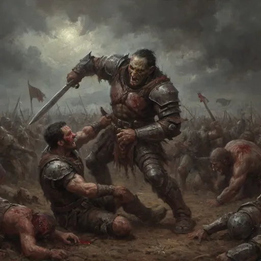 Prompt: Gritty, dark fantasy artwork of an (Warhammer) Orc warrior stabbing a human knight wearing plate armor by the throat in a blood soaked field, dark, gloomy colors, intense drama, (fantasy), (epic), (dynamic), trending on ArtStation, ultra-detailed, grim-dark fantasy art
