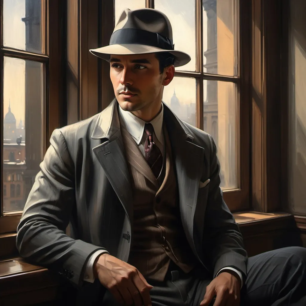 Prompt: a digital painting of a male detective with short, neat dark hair sitting by a window wearing a 1930's suit and fedora, noir, narcissistic, confident, long hair, elegant, expressionism, high quality, very intricate, by Jeremy Mann, Milo Manara, Jean-Baptiste Monge