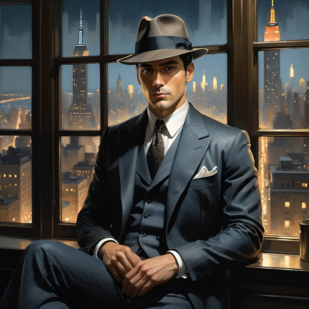 Prompt: a digital painting of a male detective with short, neat dark hair sitting by a  window at night overlooking New York City wearing a 1930's suit and fedora, noir, narcissistic, confident, long hair, elegant, expressionism, high quality, very intricate, by Jeremy Mann, Milo Manara, Jean-Baptiste Monge