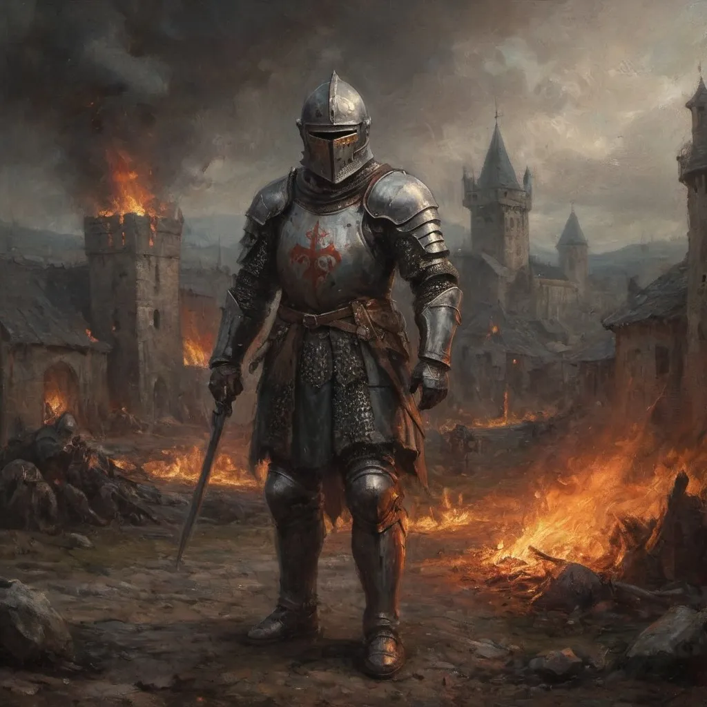 Prompt: Gritty, realistic image of a (Medieval) knight wearing plate armor and a Bascinet helmet standing amidst a burning village, D&D atmosphere infused with magic and, dark, gloomy colors, intense drama, (fantasy), (epic), (dynamic), trending on ArtStation, ultra-detailed, fantasy art style influenced by Magic the Gathering and Dungeons and Dragons.
