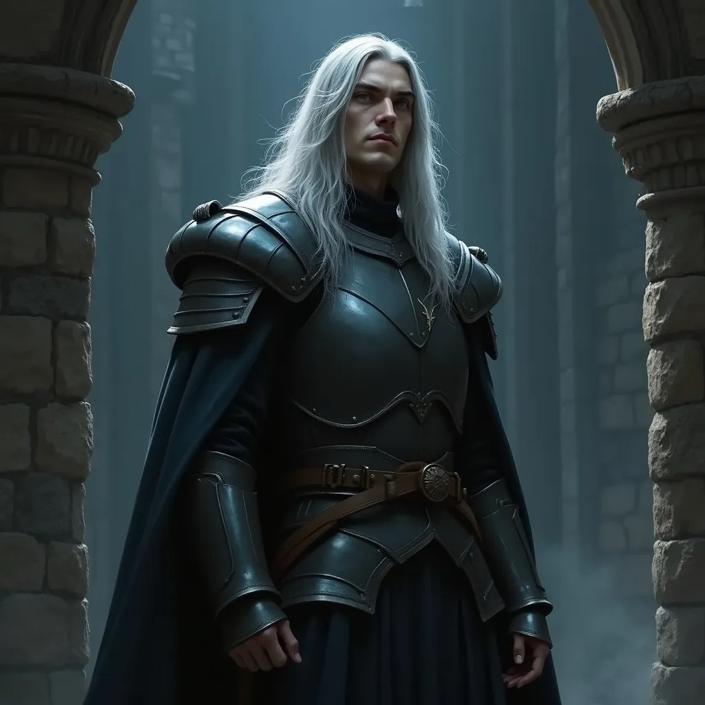 Prompt: a digital painting of a tall, slender brooding (Medieval) Knight with a square jaw (pale skin) and (silver eyes) with (silver hair) standing in a castle at night, noir, narcissistic, confident, long hair, elegant, expressionism, high quality, very intricate, by Jeremy Mann, Milo Manara, Jean-Baptiste Monge
