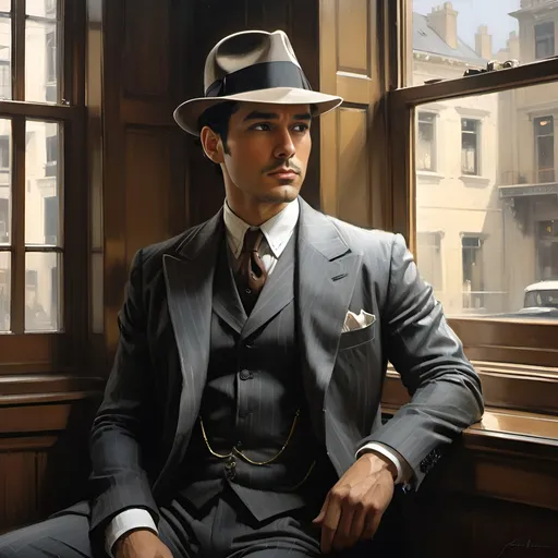 Prompt: a digital painting of a swarthy male detective with short, neat dark hair sitting by a window wearing a 1930's suit and fedora, noir, narcissistic, confident, long hair, elegant, expressionism, high quality, very intricate, by Jeremy Mann, Milo Manara, Jean-Baptiste Monge