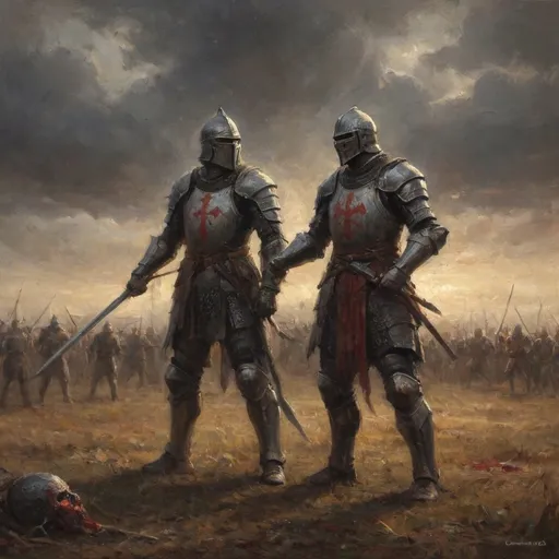 Prompt: Gritty, realistic image of two (Medieval) knights facing off against one another with their weapons drawn in the midst of a blood soaked field after a battle, D&D atmosphere infused with magic and, dark, gloomy colors, intense drama, (fantasy), (epic), (dynamic), trending on ArtStation, ultra-detailed, fantasy art style influenced by Magic the Gathering and Dungeons and Dragons.
