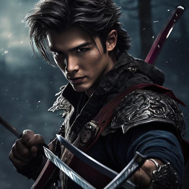 Prompt: Handsome hero with fairy tale charm, holding a katana, battle wounds, high quality, detailed, fantasy, heroic, fairy tale, katana, wounds from fighting, intense gaze, atmospheric lighting, cool tones