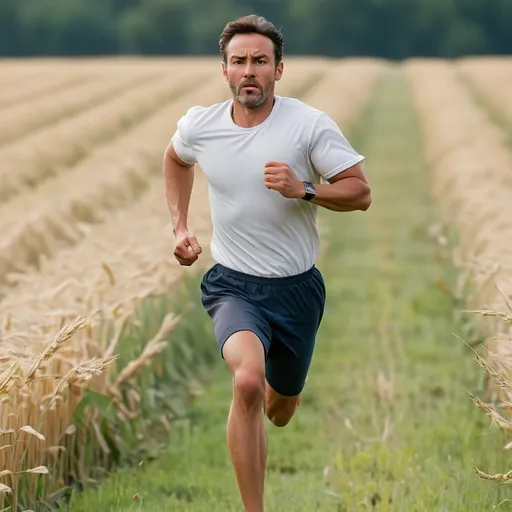 Prompt: A man running in the field far from the camera facing left