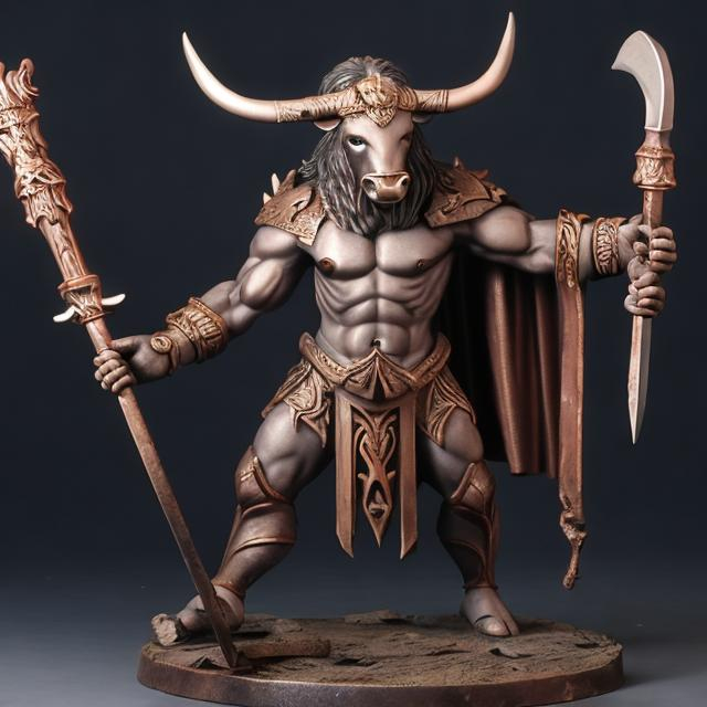 Prompt: A minotaur holding a halberd. one broken horn.