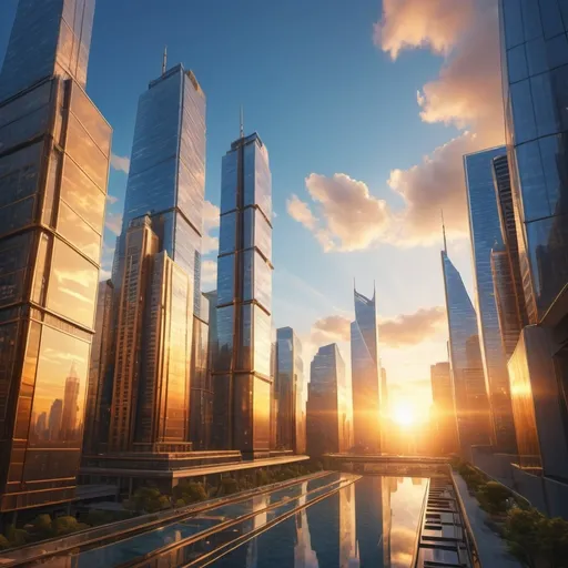 Prompt: urban skyscrapers, (vast city skyline), towering structures, (modern architecture), reflective glass facades, intricate design elements, (golden sunset glow), warm light illuminating buildings, (dynamic composition), (high depth), bustling city life below, (4K) ultra-detailed atmosphere, expansive blue sky with a few fluffy clouds, vibrant urban ambiance.