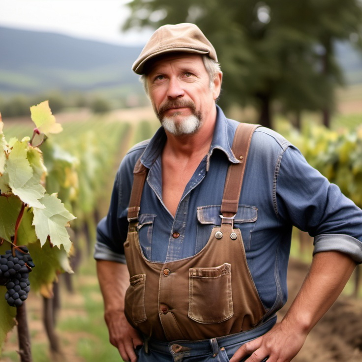 Prompt: 56 year old rugged man photo needs to be not professional, to look rugged and the man is a lover of wine and farming