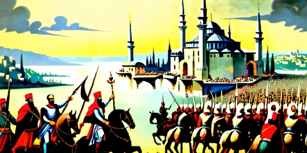 Prompt: Mehmed II and his soldiers conquering Constantinople 