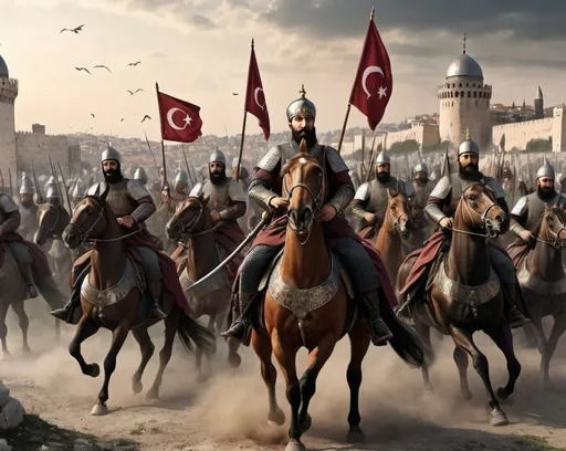 Prompt: Generate an image of Mehmed II and his soldiers conquering Constantinople 