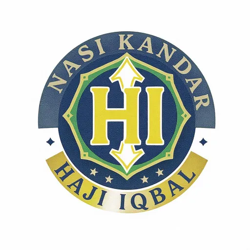 Prompt: Design a Logo with the name "HI" in Circle, stating the symbol in the middle. Please add the word around the Circle stating "Nasi Kandar Haji Iqbal" and use the color Dark Blue, Green, and Yellow. 