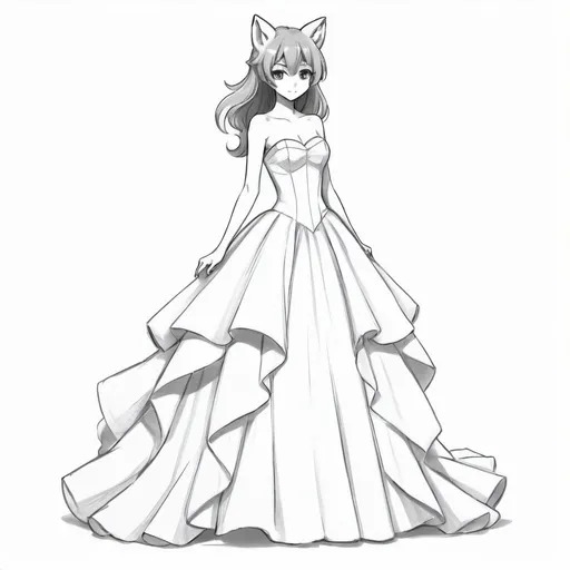 Prompt: monochrome full body anime drawing of a cute, beautiful foxgirl wearing a beautiful strapless prom ballgown, simple drawing