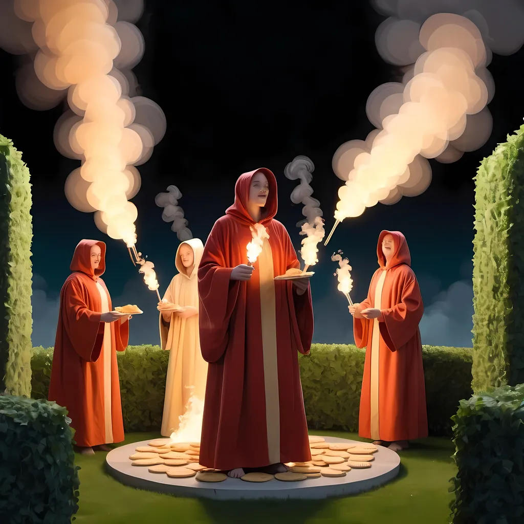 Prompt: humans in robes. standing in a cirle saltine hedge monument eating saltine crackers. with torches and magical smoke lingers in the air. in 90's cartoon style
 

