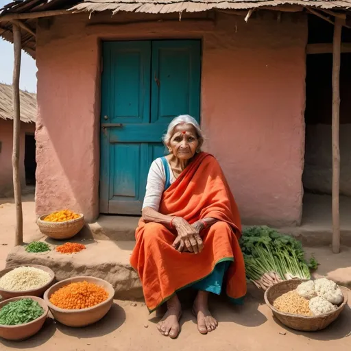 Prompt: create an image of an old woman sitting on the entrance of a village house with the house made up of the indian flag with vegetables of the similar colour