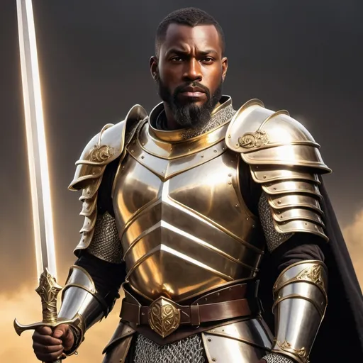 Prompt: 30-year-old Metis black man paladin in epic armor, radiant golden aura, two-handed regal light long sword held high raised to the sky, detailed chainmail and shining armor, heroic fantasy, high-res, realistic, golden tones, dramatic lighting, van dyke beard, no helmet, european hair tapered cut, no shield
