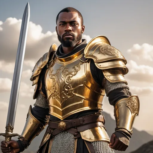 Prompt: 30-year-old Metis black man paladin in epic armor, radiant golden aura, two-handed regal sword held high raised to the sky, detailed chainmail and shining armor, heroic fantasy, high-res, realistic, golden tones, dramatic lighting, van dyke beard, no helmet, european hair tapered cut, no shield
