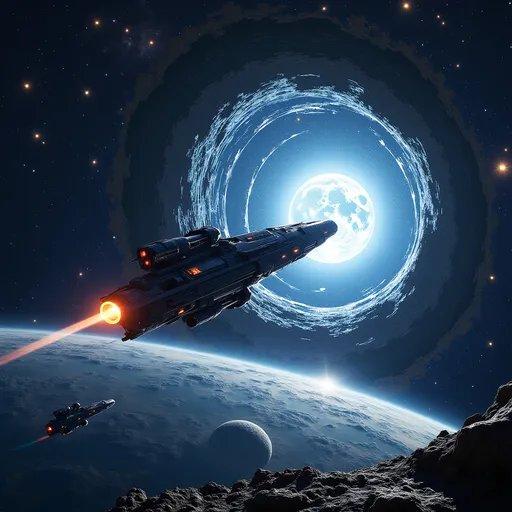 Prompt: an intergalactic star ship is exiting a near earth wormhole created by the alien humanoids that occupy the ship afore mentioned. surrounded by a star filled background and the earth and the moon in the foreground .show the alien world within the wormhole as well. make the image as realistic and 3d as possible. 