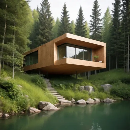 Prompt: simple and more nature crazy house  design for the future and more modern but cool near a lake
