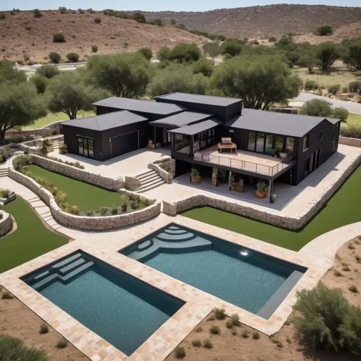 Prompt: A big ranch with all the details of a ranch in a bush with parking, pool, and  play ground. Make sure it is black, modern, but with classic features, and creative in its design. Also, with stone walls
