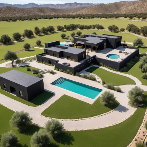 Prompt: A big ranch with all the details of a ranch in a bush with parking, pool, and  play ground. Make sure it is black, modern, but with classic features, and creative in its design. Also, with stone walls
