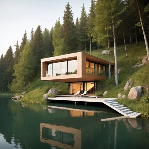 Prompt: simple and more nature crazy house  design for the future and more modern but cool near a lake with a pool and a boat way to the lake 
