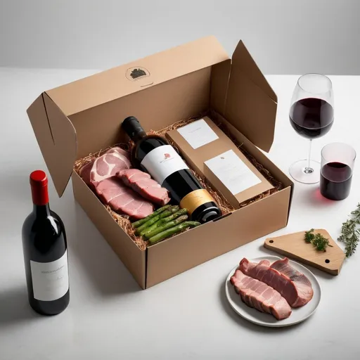 Prompt: luxury meal box with wine
packaging 
meats and wine
