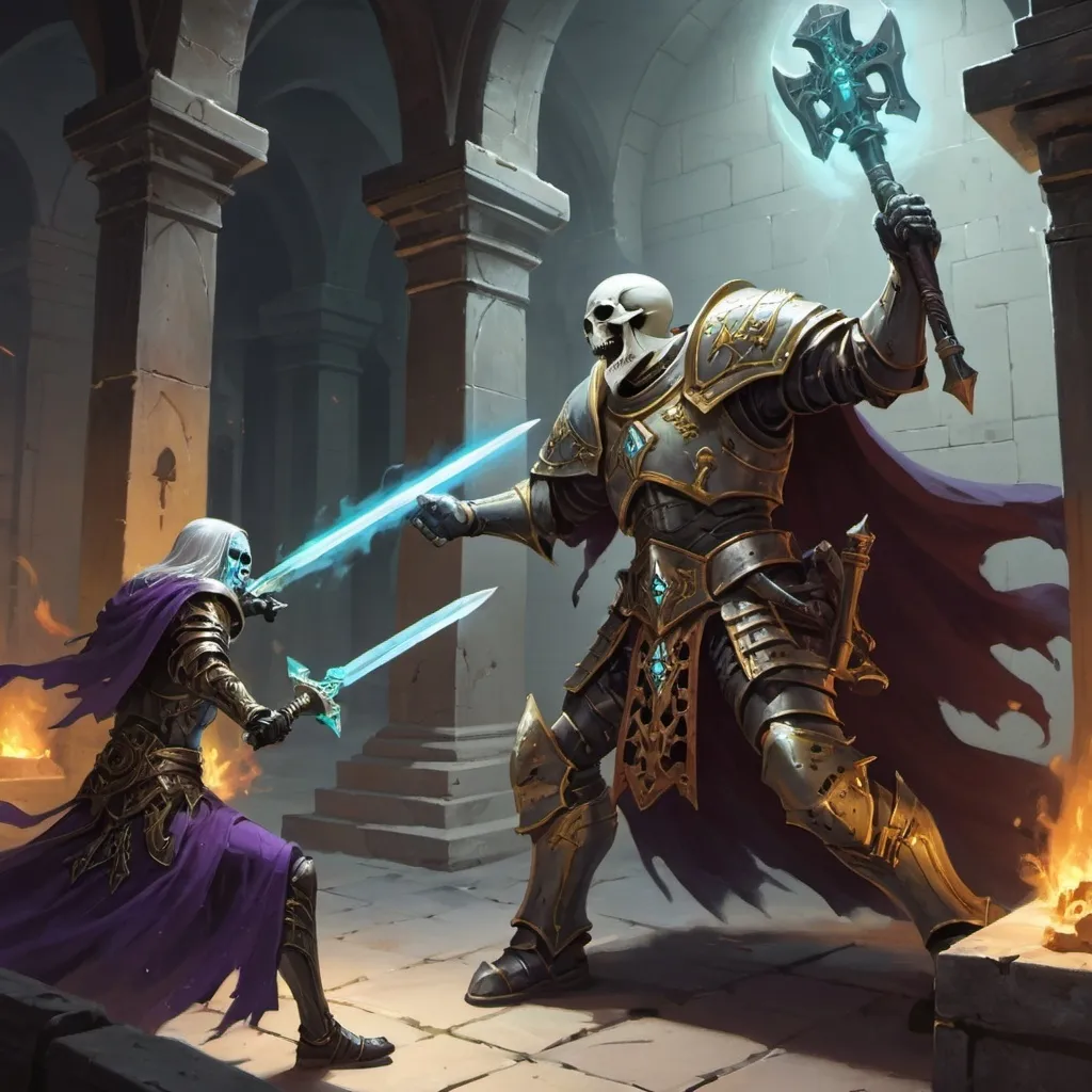 Prompt: A paladin fighting a lich on a crypt