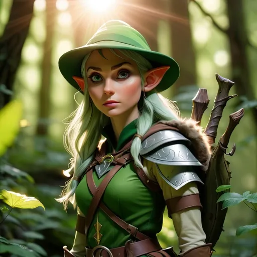 Prompt: Elf ranger in a mystical forest around sunlight