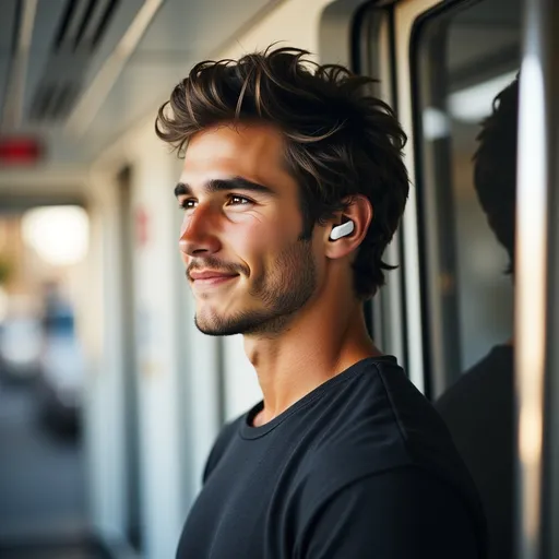 Prompt: @Qv0b1fuUO1OAgDoSBqd8  standing inside a metro train, listening to music through wireless earbuds, city passing by outside the window, soft morning light, blend of tech and everyday realism, casual wear