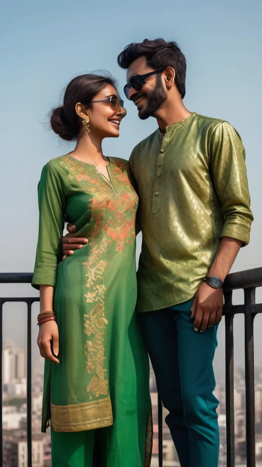Prompt: A couple stands together on a rooftop, exuding warmth and connection against a backdrop of a clear sky. The man, wearing sunglasses and a patterned shirt, leans casually against the railing, while the woman, dressed in a green kurta adorned with intricate embroidery, beams with a bright smile. Their relaxed poses suggest comfort in each other’s company as they look towards the camera, framed by a view of rooftops and distant structures. The afternoon light creates a soft glow, highlighting the happy expressions on their faces and the vibrant colors of their attire. The setting reveals a sense of casual intimacy, hinting at a shared moment of joy.