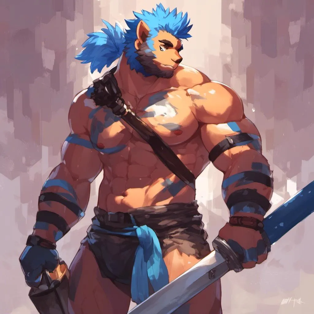 Prompt: <mymodel> a paint of man with blue hair hand hold a great sword