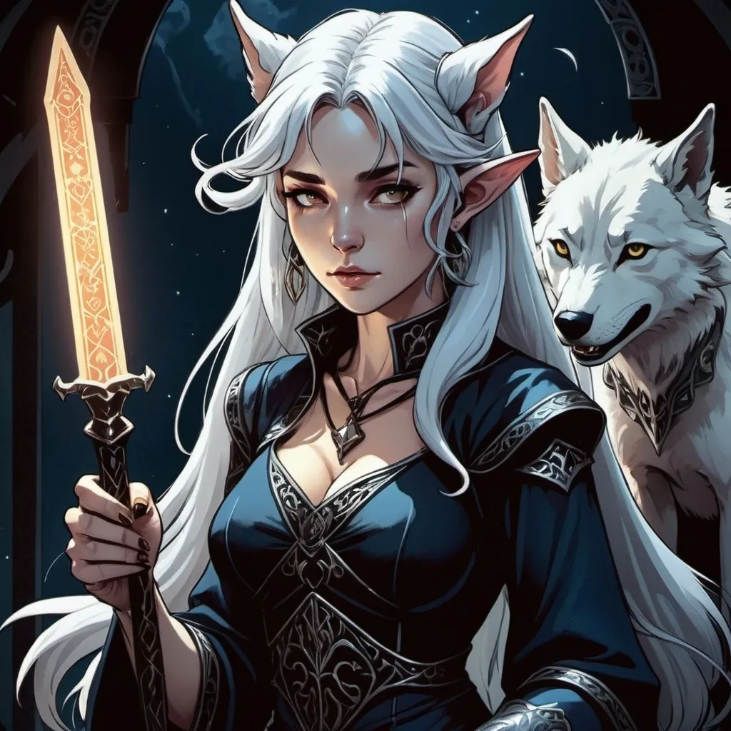 Prompt: tarot card Anime illustration, a silver-haired woman, tiefling-elf girl, two daggers, dramatic lighting, wolf pet