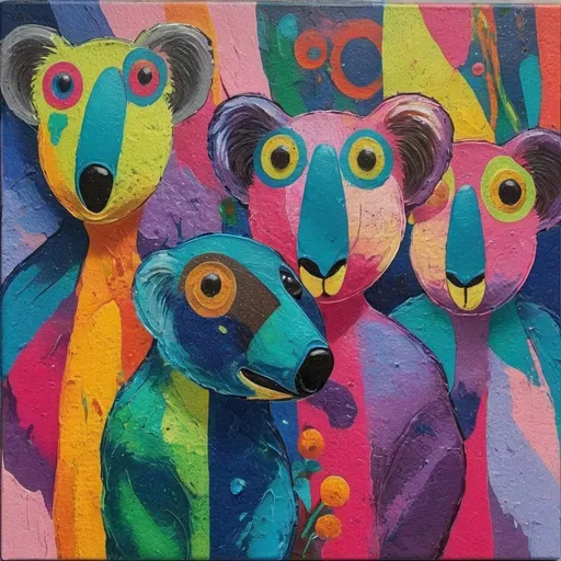 Prompt: Several koala abstract painting full of bright colors in thick acrylic and pasto shiny form. Make ears bigger