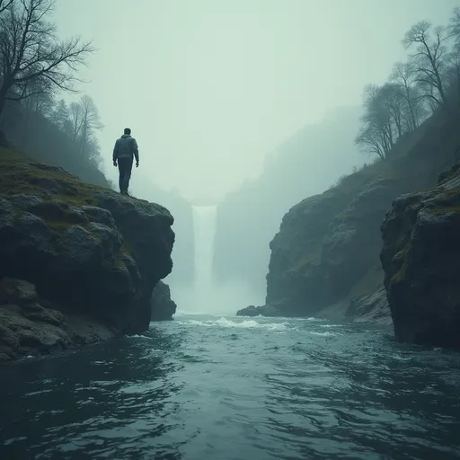 Prompt: create an image of a man lingering between two options. Another one  a man between two bigest rivers try to cross to the other side
