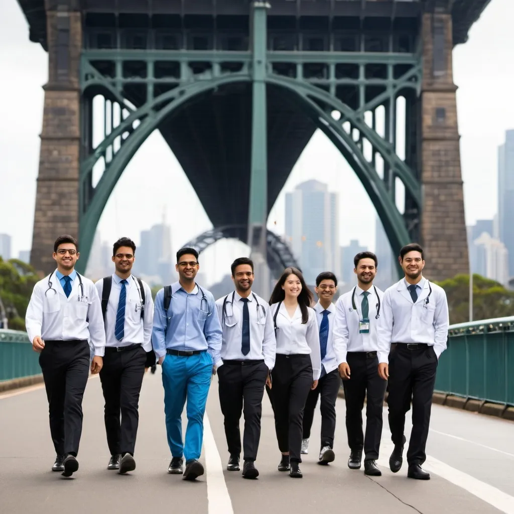 Prompt: six medical student walking near sydney bridge from different ethinicty like white,black,indian, asian and malaysian