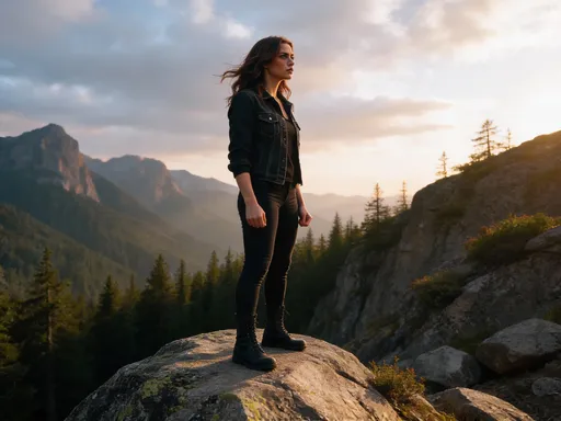 Prompt: Photorealistic, @3bHNhGDwLRdlCKXcZ0AH stands atop a weathered granite outcrop, feet planted firmly on moss-covered stone, overlooking a dense pine forest canopy stretching toward distant mountains. Intense gaze fixed on the horizon, brow furrowed, jaw set with determination, hands clenched at sides in readiness. Wind tousles hair and fabric, creating subtle movement. Rugged terrain features scattered boulders and hardy shrubs clinging to rock face. Warm afternoon sunlight filters through scattered clouds, casting dynamic shadows across the hillside and illuminating the figure from a three-quarter angle, creating depth and dimensionality against the vast wilderness backdrop.