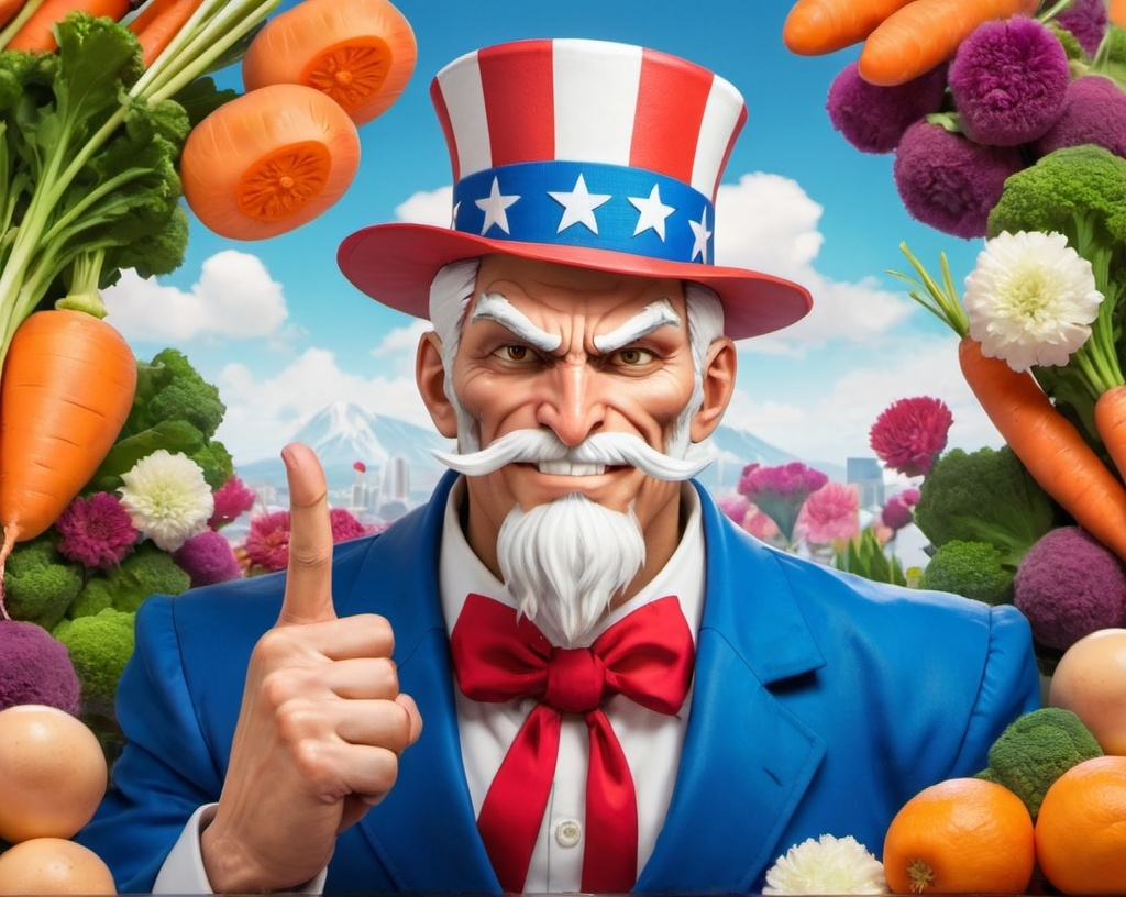 Prompt: Make a street Fighter Style Character Advertisement looking like Uncle Sam, but friendly. And vegan. Make it colorful, with flowers and carots in the Background. Make it japan cute also.