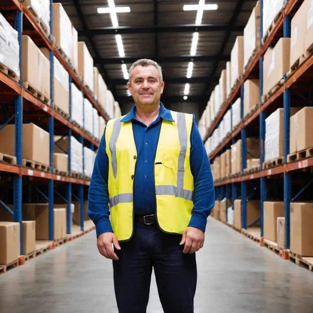Prompt: Middle aged man warehouse manager standing in a warehouse in Australia
